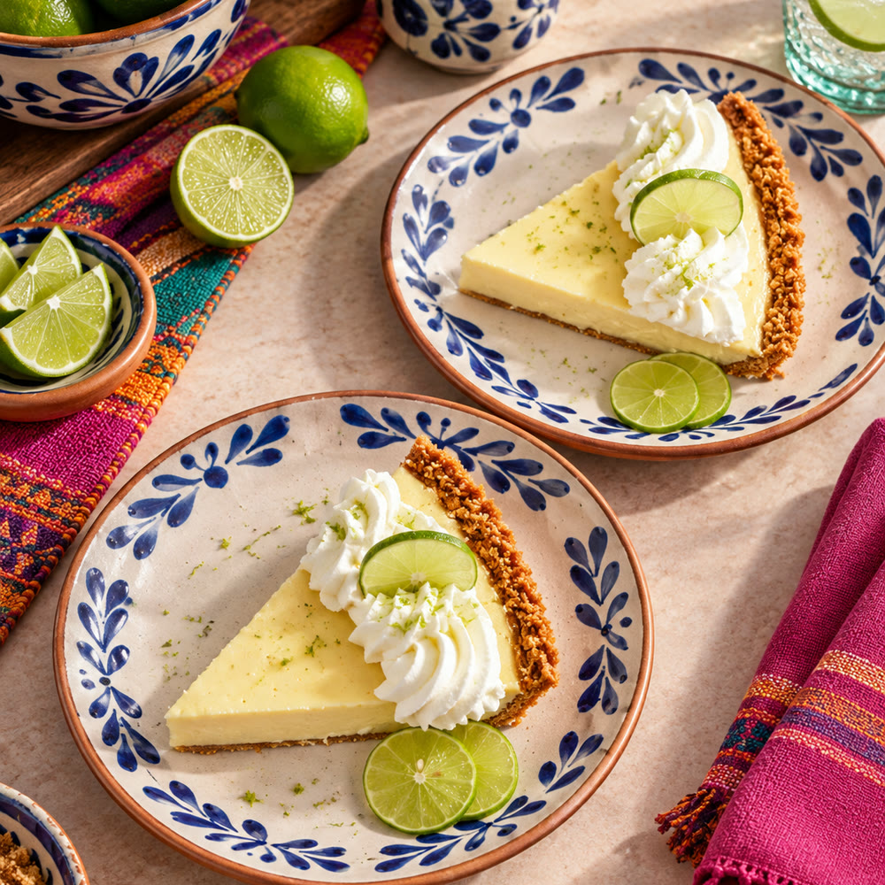 Slices of key lime pie plated for dessert