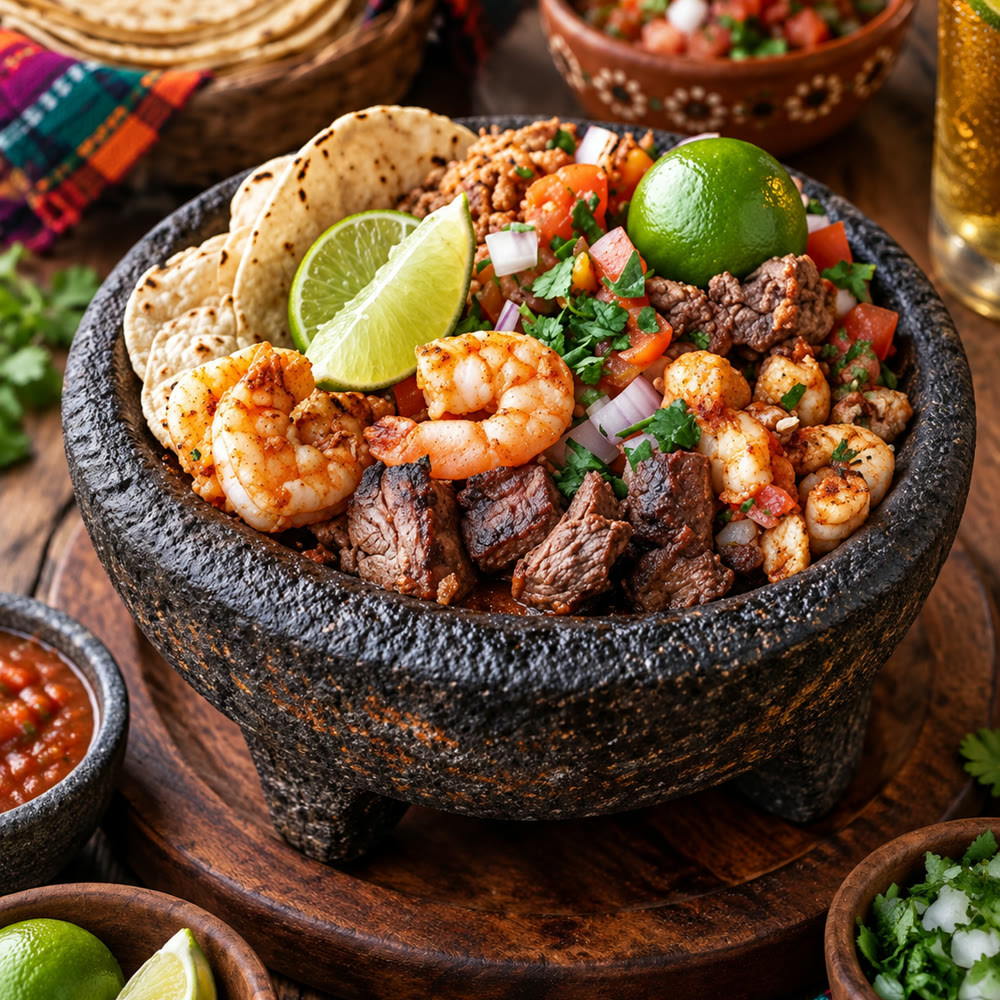 Molcajete presented in a hot stone bowl